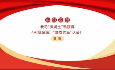 【喜報】—我司黃河土鴨獲4A(鉑金級）“豫農優(yōu)品”認證！